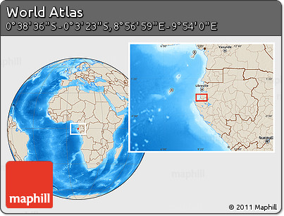 Shaded Relief Location Map of the Area around 0° 21' 0" S, 9° 25' 30" E