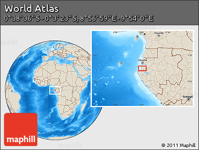 Shaded Relief Location Map of the Area around 0° 21' 0" S, 9° 25' 30" E