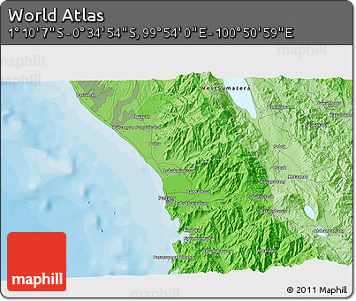 Political 3D Map of the Area around 0° 52' 31" S, 100° 22' 30" E
