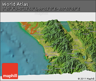Satellite 3D Map of the Area around 0° 52' 31" S, 100° 22' 30" E