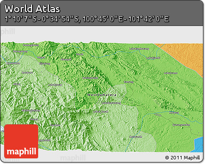 Political 3D Map of the Area around 0° 52' 31" S, 101° 13' 29" E