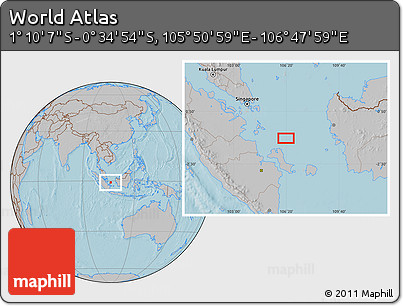 Gray Location Map of the Area around 0° 52' 31" S, 106° 19' 29" E, hill shading