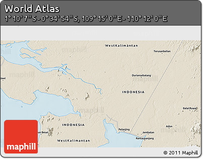 Shaded Relief 3D Map of the Area around 0° 52' 31" S, 109° 43' 29" E