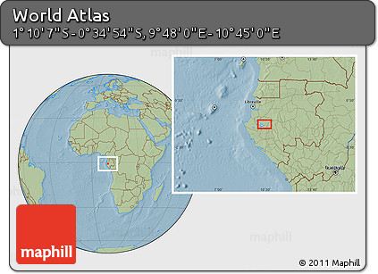 Savanna Style Location Map of the Area around 0° 52' 31" S, 10° 16' 30" E, hill shading
