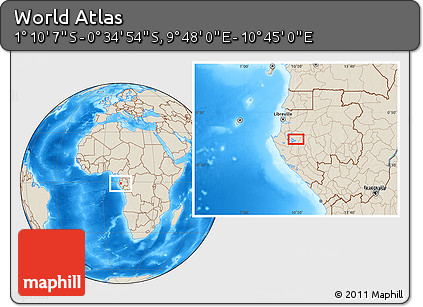 Shaded Relief Location Map of the Area around 0° 52' 31" S, 10° 16' 30" E