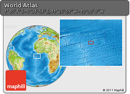 Physical Location Map of the Area around 0° 52' 31" S, 10° 58' 29" W