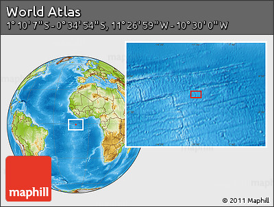 Physical Location Map of the Area around 0° 52' 31" S, 10° 58' 29" W