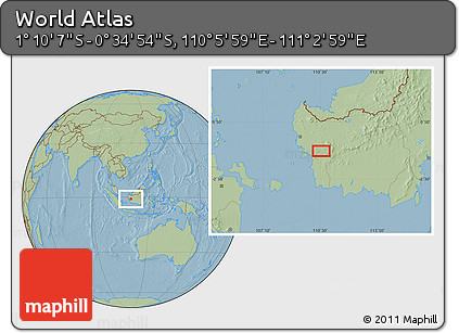 Savanna Style Location Map of the Area around 0° 52' 31" S, 110° 34' 29" E, hill shading
