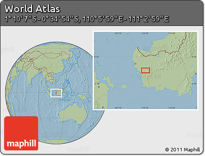 Savanna Style Location Map of the Area around 0° 52' 31" S, 110° 34' 29" E, hill shading