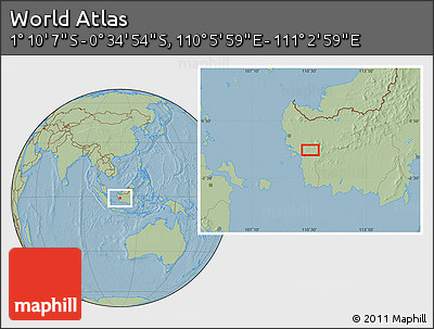 Savanna Style Location Map of the Area around 0° 52' 31" S, 110° 34' 29" E, hill shading