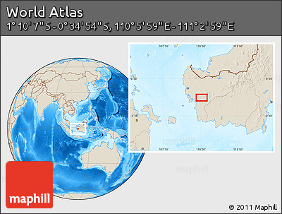 Shaded Relief Location Map of the Area around 0° 52' 31" S, 110° 34' 29" E