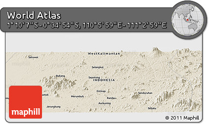 Shaded Relief Panoramic Map of the Area around 0° 52' 31" S, 110° 34' 29" E