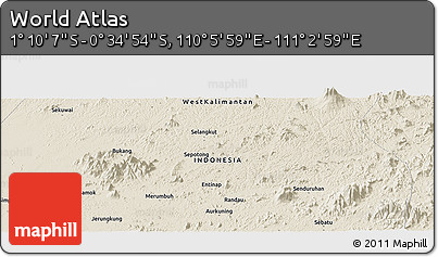 Shaded Relief Panoramic Map of the Area around 0° 52' 31" S, 110° 34' 29" E