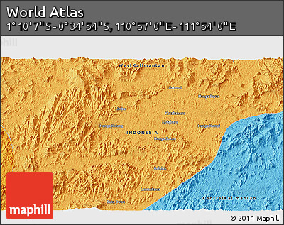 Political 3D Map of the Area around 0° 52' 31" S, 111° 25' 30" E