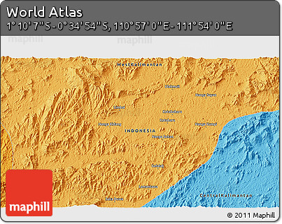 Political 3D Map of the Area around 0° 52' 31" S, 111° 25' 30" E