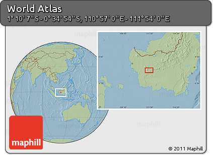 Savanna Style Location Map of the Area around 0° 52' 31" S, 111° 25' 30" E, hill shading