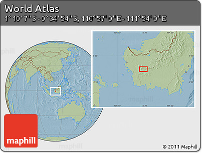 Savanna Style Location Map of the Area around 0° 52' 31" S, 111° 25' 30" E, hill shading