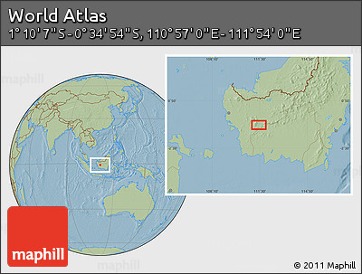 Savanna Style Location Map of the Area around 0° 52' 31" S, 111° 25' 30" E, hill shading