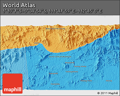 Political 3D Map of the Area around 0° 52' 31" S, 112° 16' 30" E