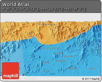 Political 3D Map of the Area around 0° 52' 31" S, 112° 16' 30" E