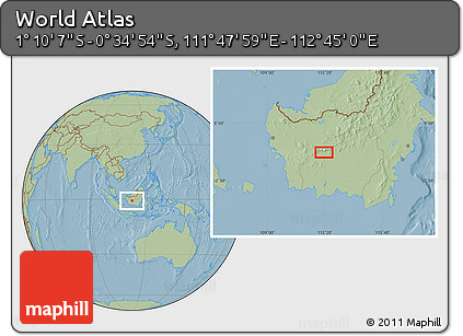 Savanna Style Location Map of the Area around 0° 52' 31" S, 112° 16' 30" E, hill shading