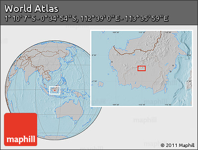 Gray Location Map of the Area around 0° 52' 31" S, 113° 7' 30" E, hill shading