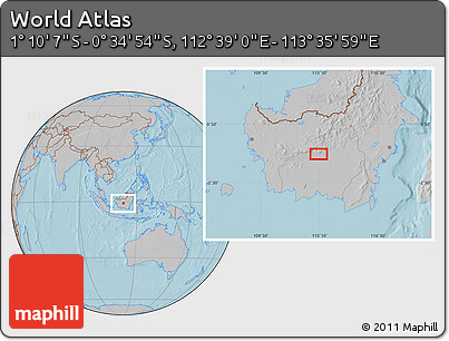 Gray Location Map of the Area around 0° 52' 31" S, 113° 7' 30" E, hill shading