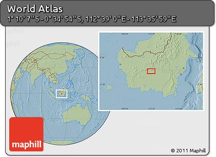 Savanna Style Location Map of the Area around 0° 52' 31" S, 113° 7' 30" E, hill shading