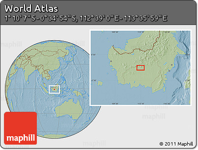 Savanna Style Location Map of the Area around 0° 52' 31" S, 113° 7' 30" E, hill shading