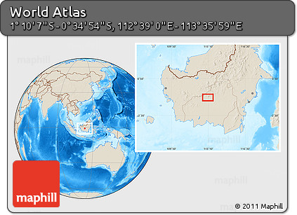 Shaded Relief Location Map of the Area around 0° 52' 31" S, 113° 7' 30" E