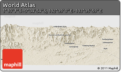 Shaded Relief Panoramic Map of the Area around 0° 52' 31" S, 113° 7' 30" E