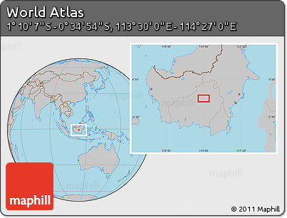 Gray Location Map of the Area around 0° 52' 31" S, 113° 58' 29" E