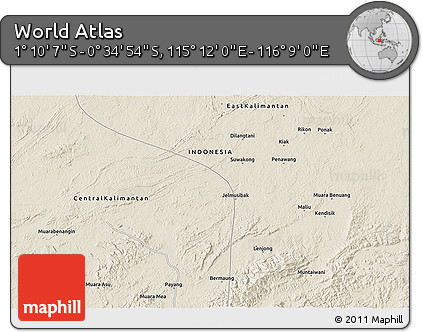 Shaded Relief 3D Map of the Area around 0° 52' 31" S, 115° 40' 30" E