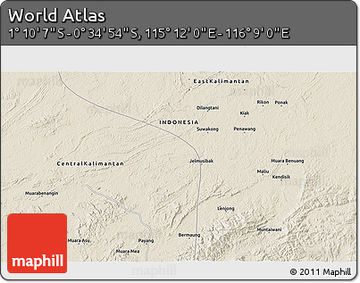 Shaded Relief 3D Map of the Area around 0° 52' 31" S, 115° 40' 30" E