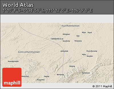Shaded Relief 3D Map of the Area around 0° 52' 31" S, 115° 40' 30" E