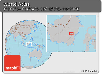 Gray Location Map of the Area around 0° 52' 31" S, 115° 40' 30" E