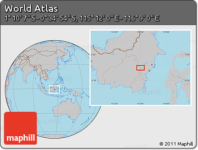 Gray Location Map of the Area around 0° 52' 31" S, 115° 40' 30" E
