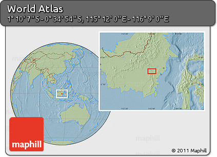 Savanna Style Location Map of the Area around 0° 52' 31" S, 115° 40' 30" E, hill shading