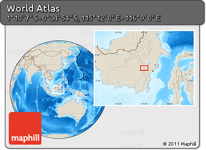 Shaded Relief Location Map of the Area around 0° 52' 31" S, 115° 40' 30" E
