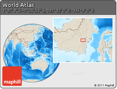Shaded Relief Location Map of the Area around 0° 52' 31" S, 115° 40' 30" E