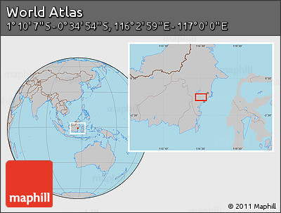 Gray Location Map of the Area around 0° 52' 31" S, 116° 31' 30" E