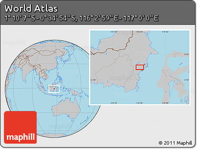 Gray Location Map of the Area around 0° 52' 31" S, 116° 31' 30" E