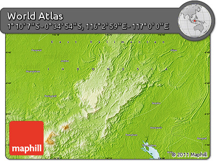 Physical Map of the Area around 0° 52' 31" S, 116° 31' 30" E