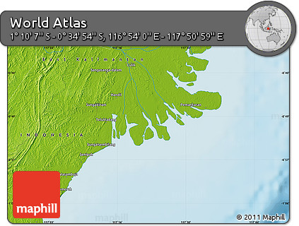 Physical Map of the Area around 0° 52' 31" S, 117° 22' 30" E