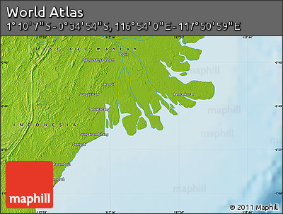 Physical Map of the Area around 0° 52' 31" S, 117° 22' 30" E