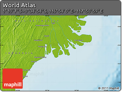 Physical Map of the Area around 0° 52' 31" S, 117° 22' 30" E