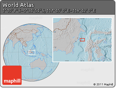 Gray Location Map of the Area around 0° 52' 31" S, 118° 13' 29" E, hill shading
