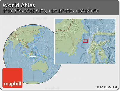 Savanna Style Location Map of the Area around 0° 52' 31" S, 118° 13' 29" E, hill shading