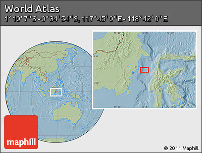 Savanna Style Location Map of the Area around 0° 52' 31" S, 118° 13' 29" E, hill shading