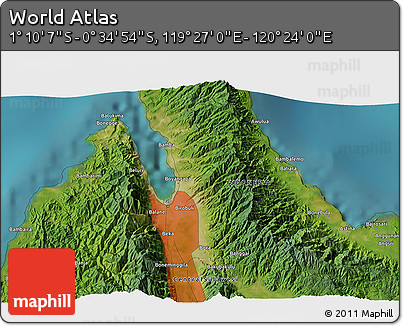 Satellite 3D Map of the Area around 0° 52' 31" S, 119° 55' 30" E